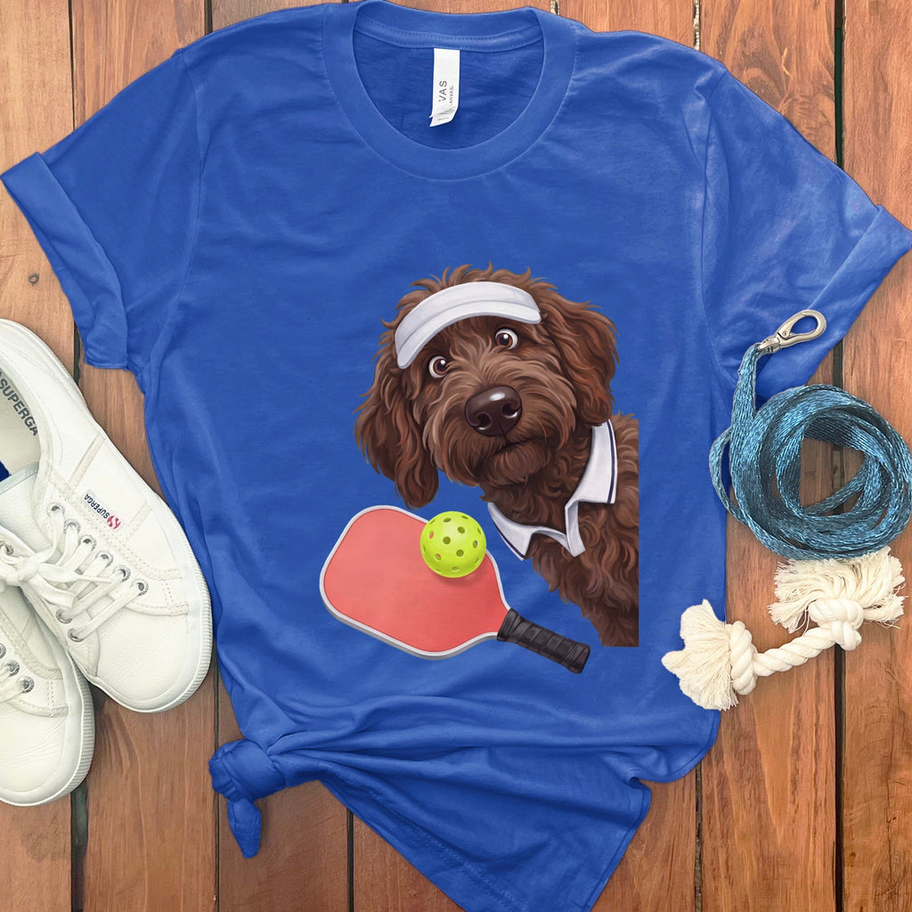 Chocolate Goldendoodle Pickleball Player T-Shirt in True Royal / S by Puppy Jo