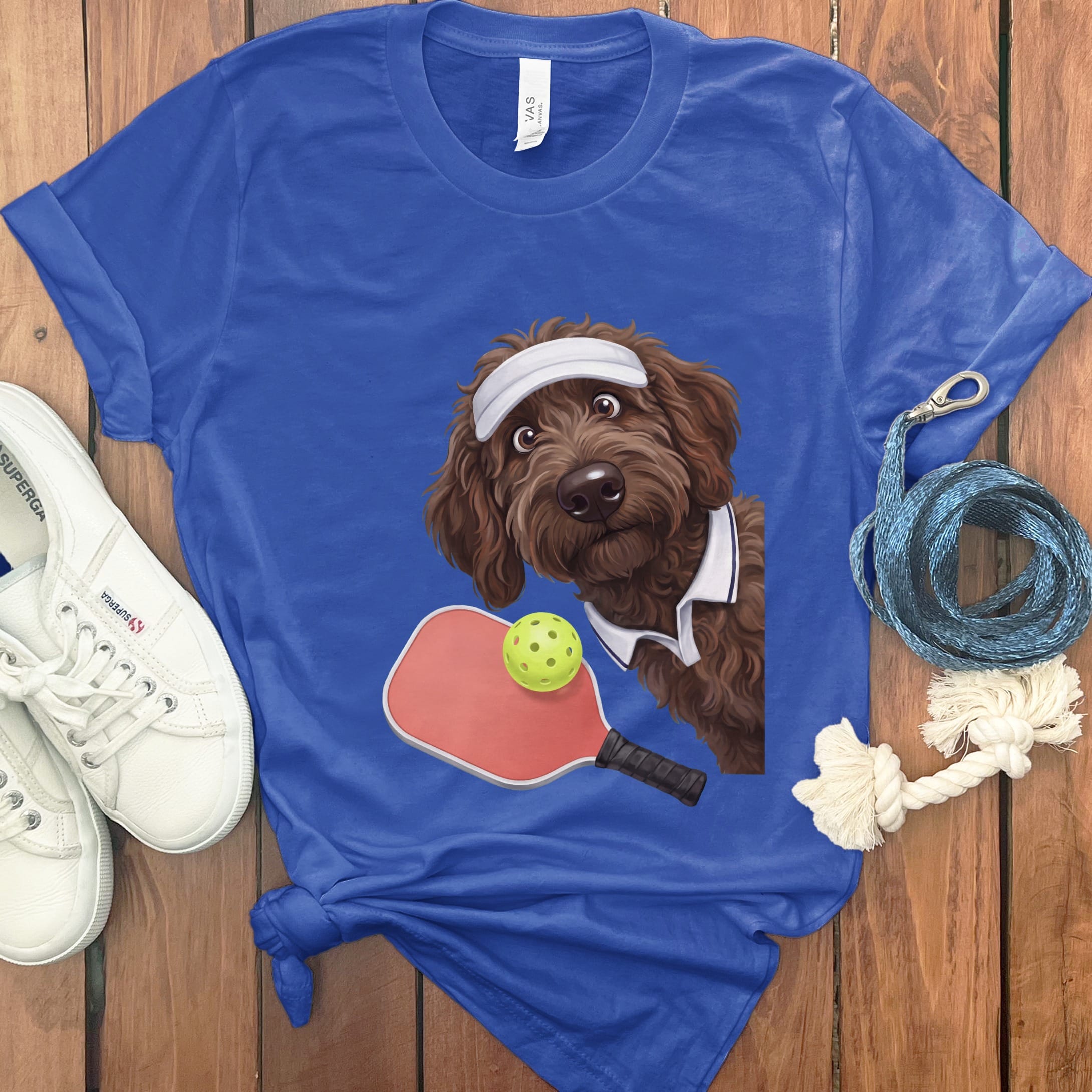 Chocolate Goldendoodle Pickleball Player T-Shirt in True Royal / S by Puppy Jo