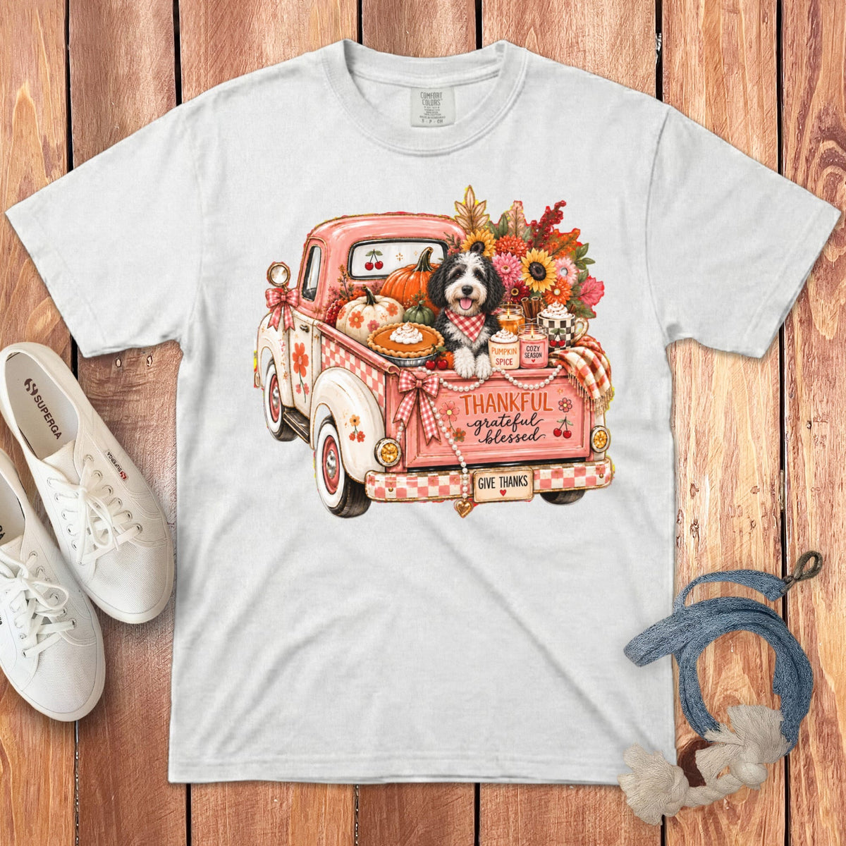 Sheepadoodle Fall Truck Signature T-Shirt in White / S by Puppy Jo