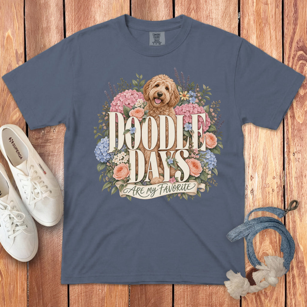Slate blue t-shirt with a Goldendoodle surrounded by flowers, reading "Doodle Days Are My Favorite."