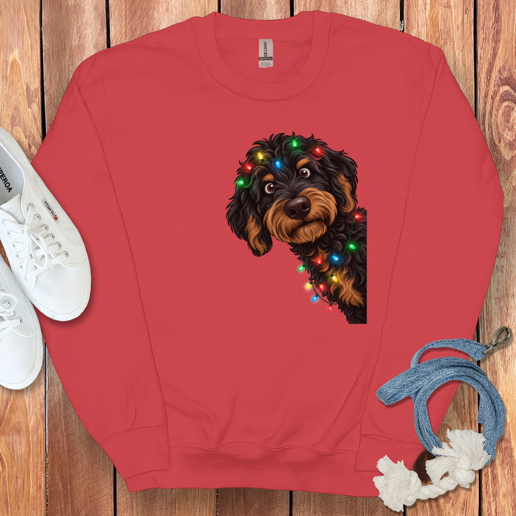 Crewneck sweatshirt with a dog wearing Christmas lights graphic.