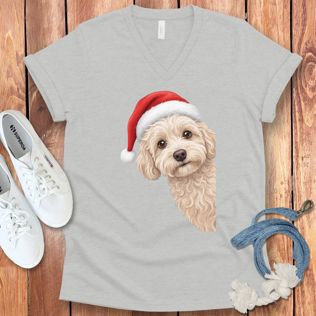 Maltipoo Holiday Santa V-Neck T-Shirt in Athletic Heather / S by Puppy Jo