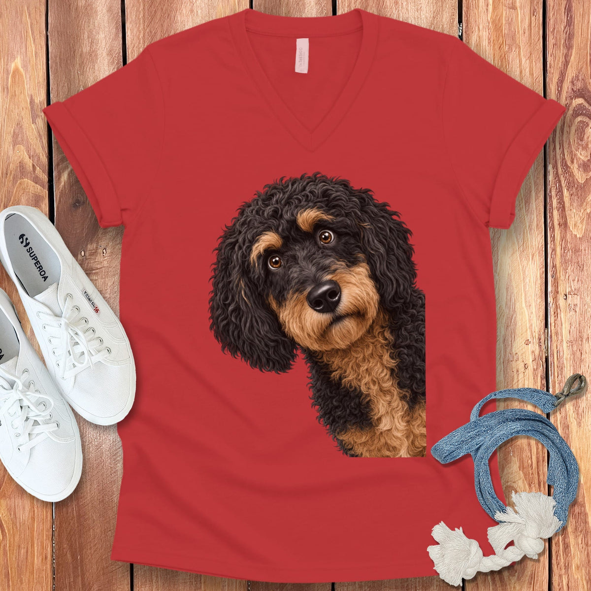 Funny Peeking Phantom Goldendoodle V-Neck T-Shirt in Red / S by Puppy Jo