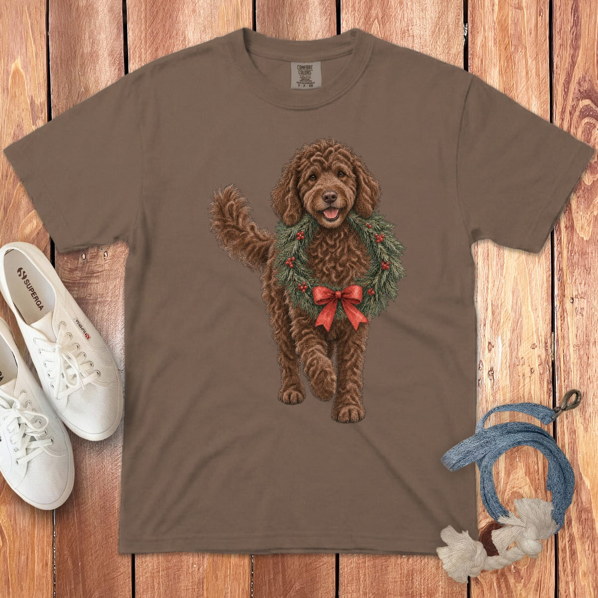 Chocolate Goldendoodle Wreath Signature T-Shirt in Espresso / S by Puppy Jo