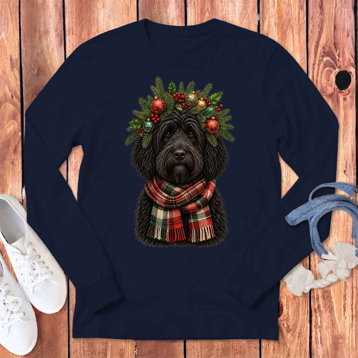Black Goldendoodle Holiday Crown Long Sleeve T-Shirt in Navy / S by MyDesigns