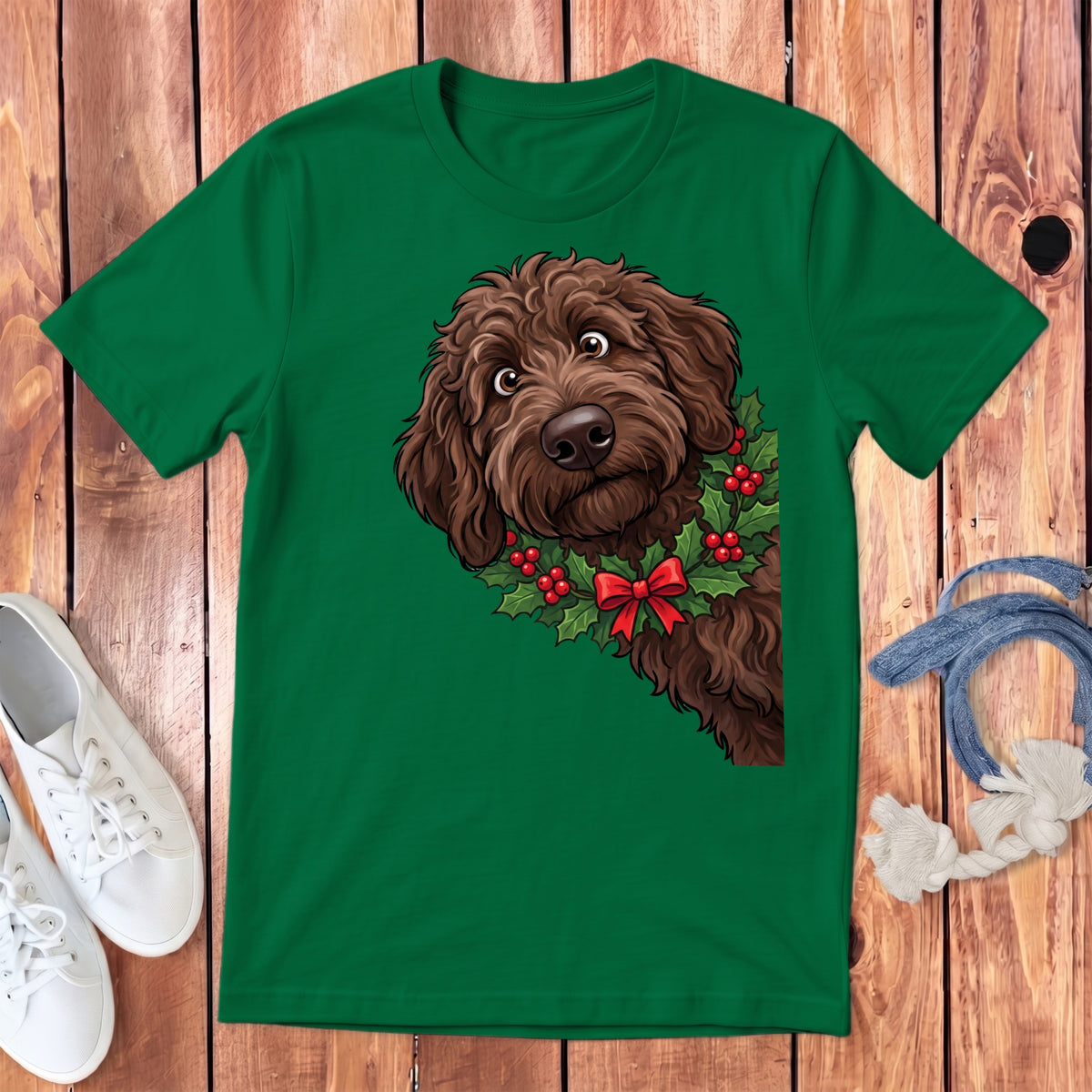 Green t-shirt with a cartoon brown dog wearing a holly wreath and red bow.