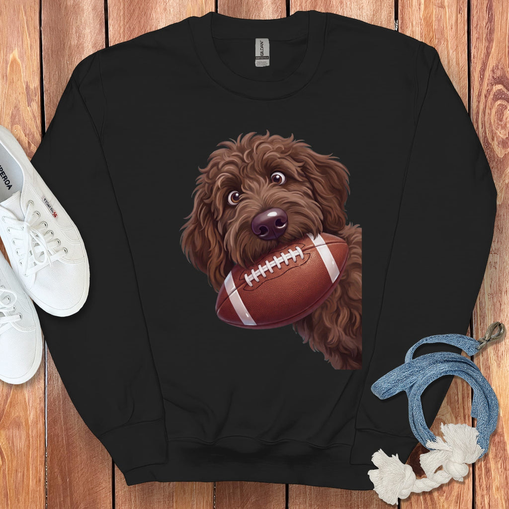 Chocolate Goldendoodle Football Sweatshirt in Black / S by Puppy Jo