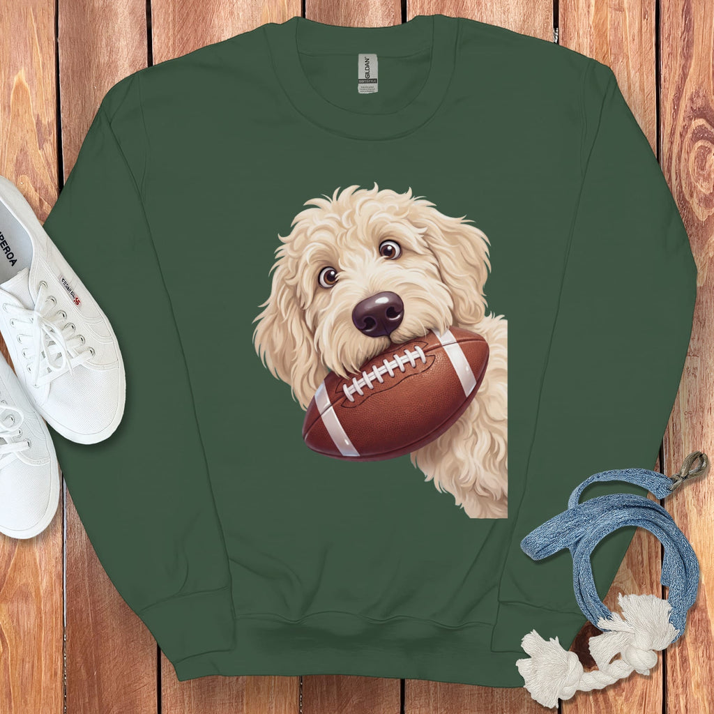 Cream Goldendoodle Football Sweatshirt in Forest Green / S by Puppy Jo