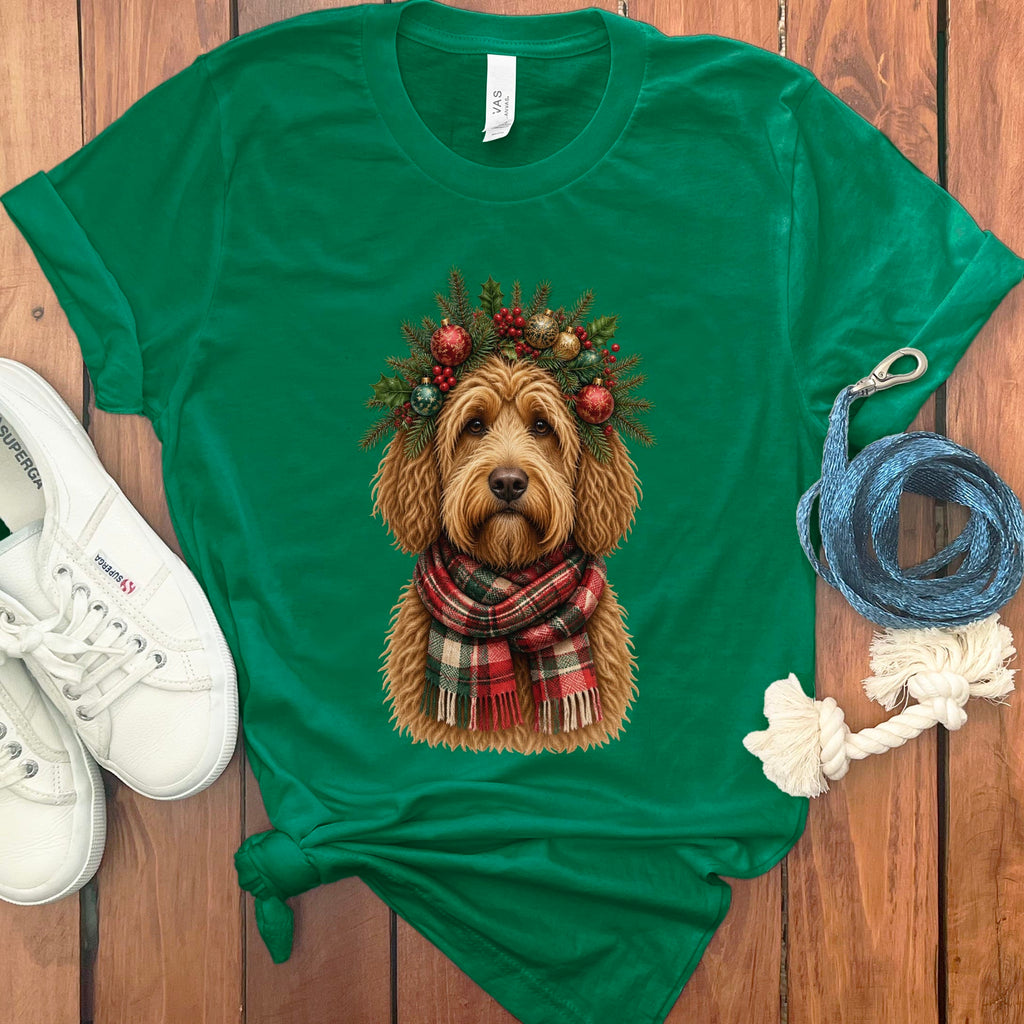 Golden Goldendoodle Holiday Crown T-Shirt in Kelly / S by Puppy Jo
