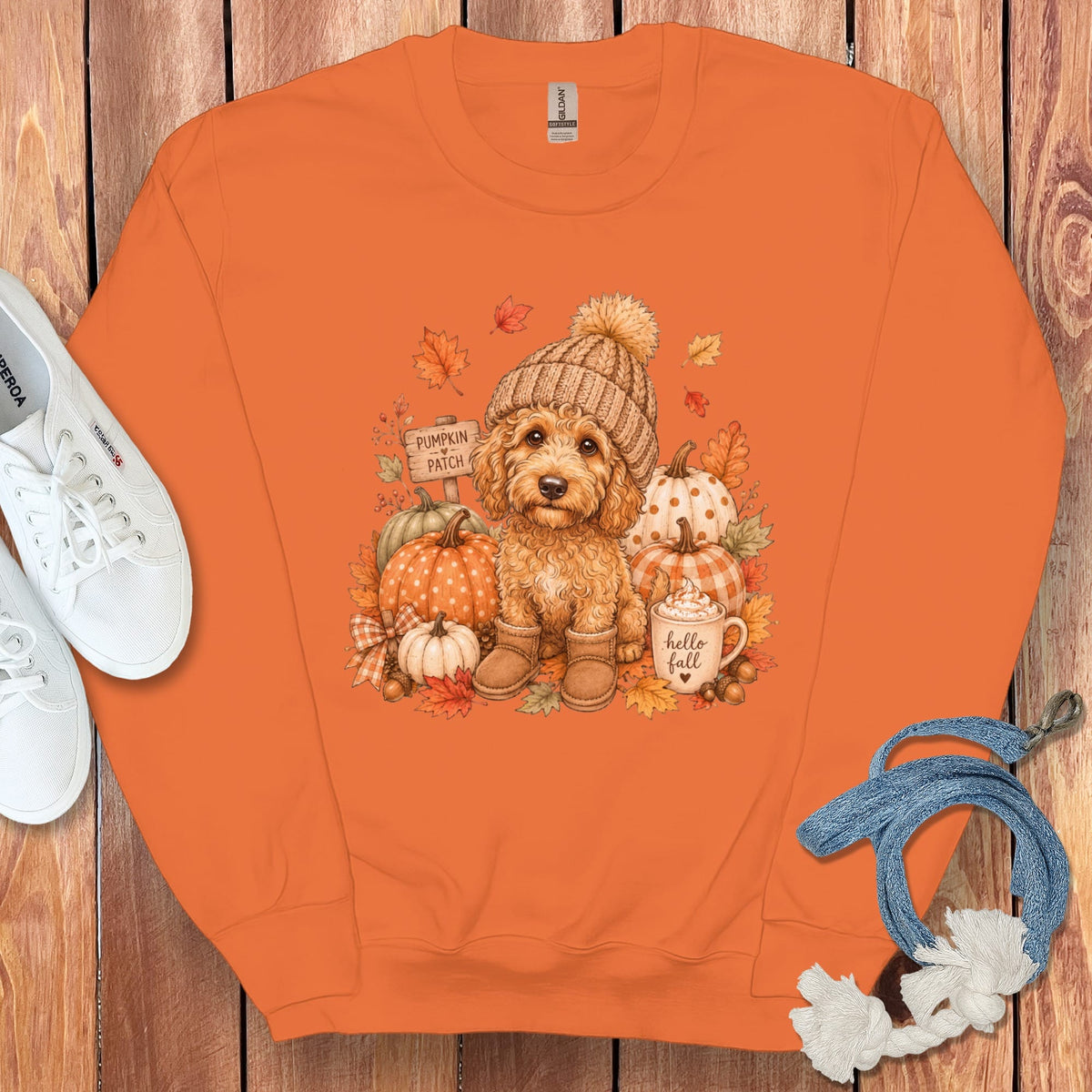 Apricot Goldendoodle Pumpkin Patch Sweatshirt in Orange / S by Puppy Jo