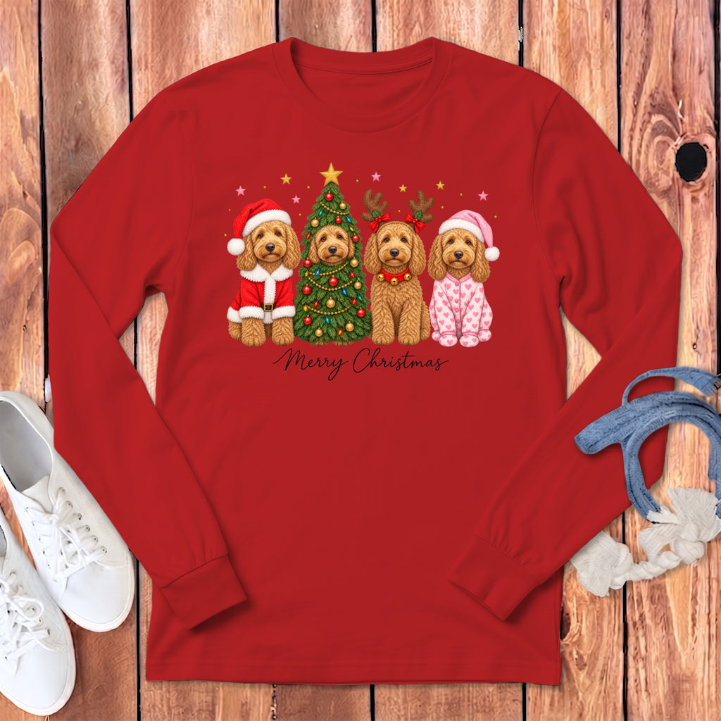 A red long-sleeve shirt displays a Christmas graphic of four golden doodle dogs and Merry Christmas text.