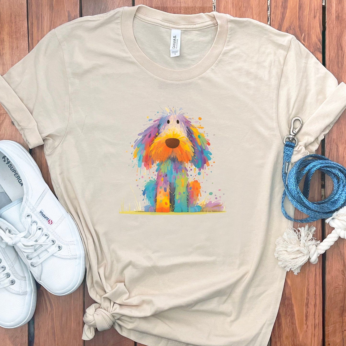 Colorful Dog Art on Beige T-shirt product type
