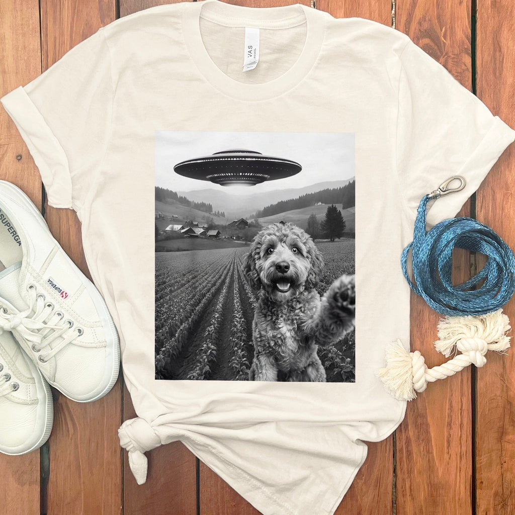 Cute Dog with UFO in Field T-shirt Design