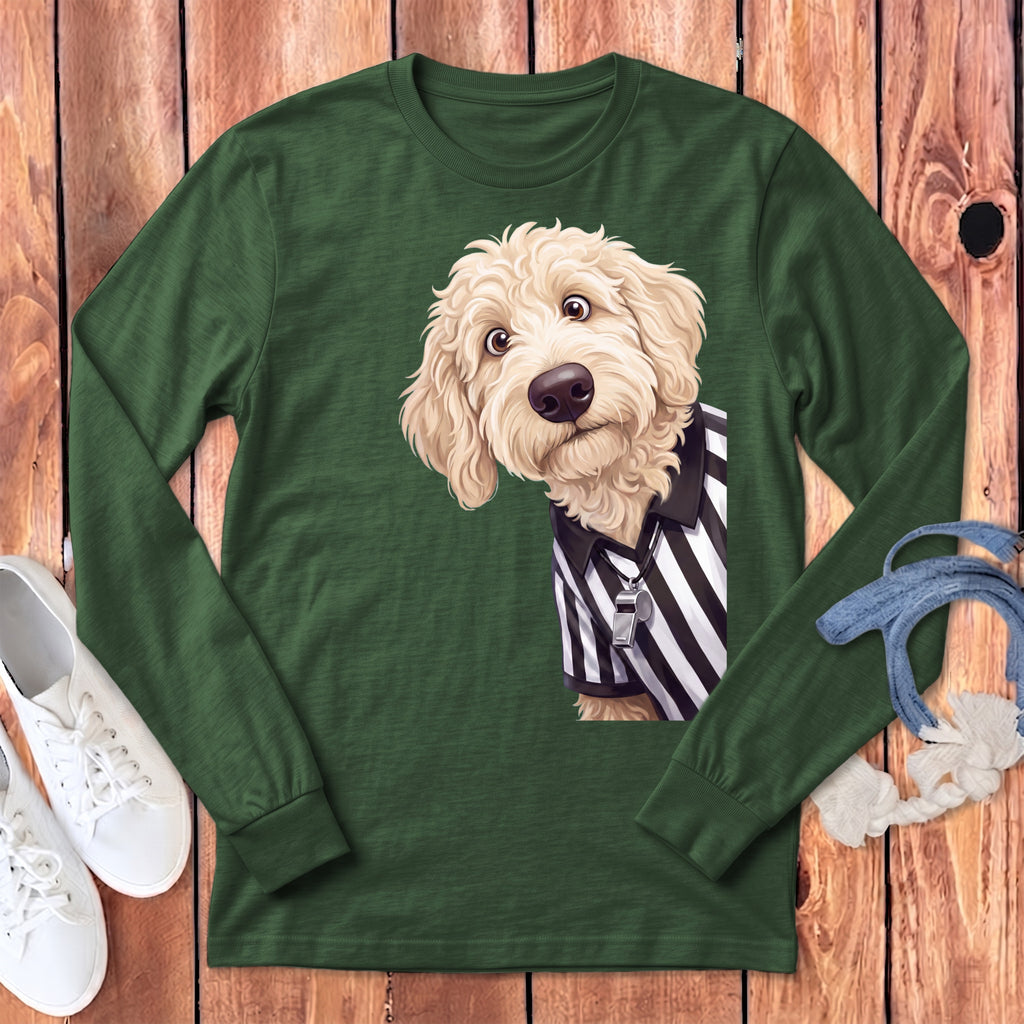 Green long-sleeve shirt with a cartoon dog wearing a referee uniform and whistle.
