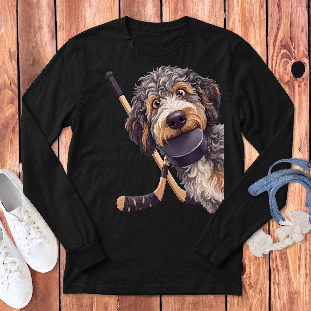 Aussiedoodle Hockey Long Sleeve T-Shirt in Dark Grey Heather / S by Puppy Jo