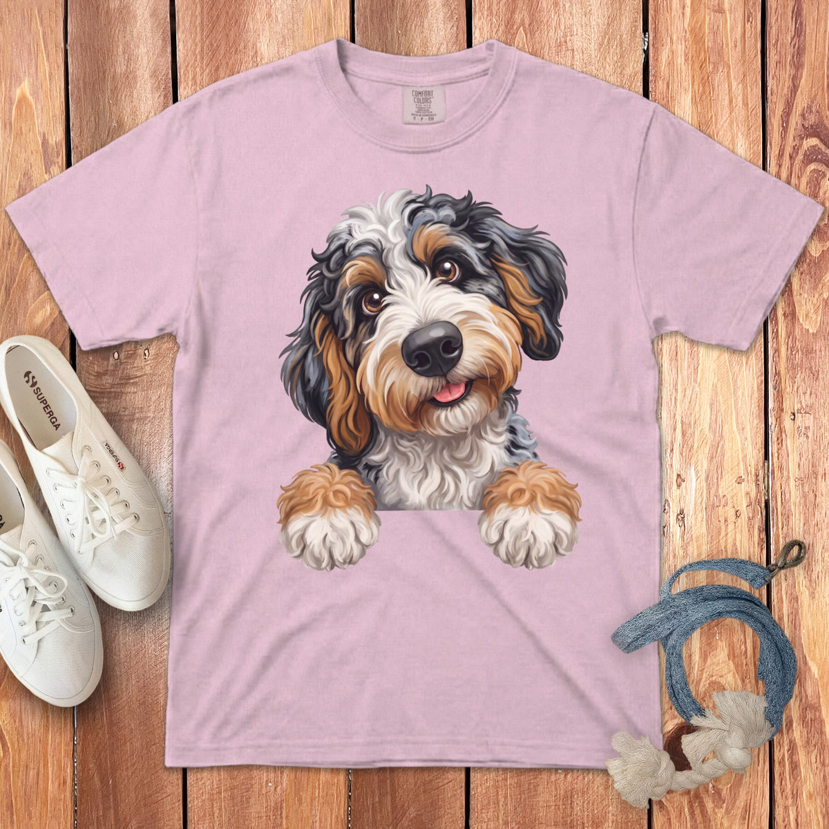 Pink t-shirt featuring a painted Bernese Mountain Dog puppy graphic.