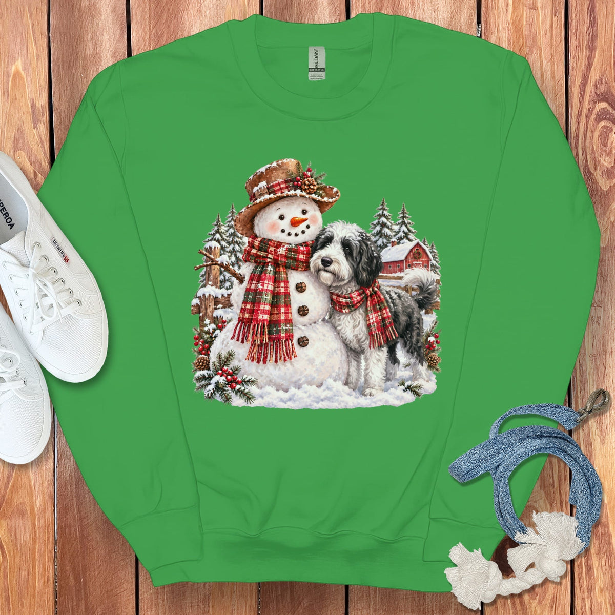 Sheepadoodle Christmas Snowman Sweatshirt in Irish Green / S by Puppy Jo