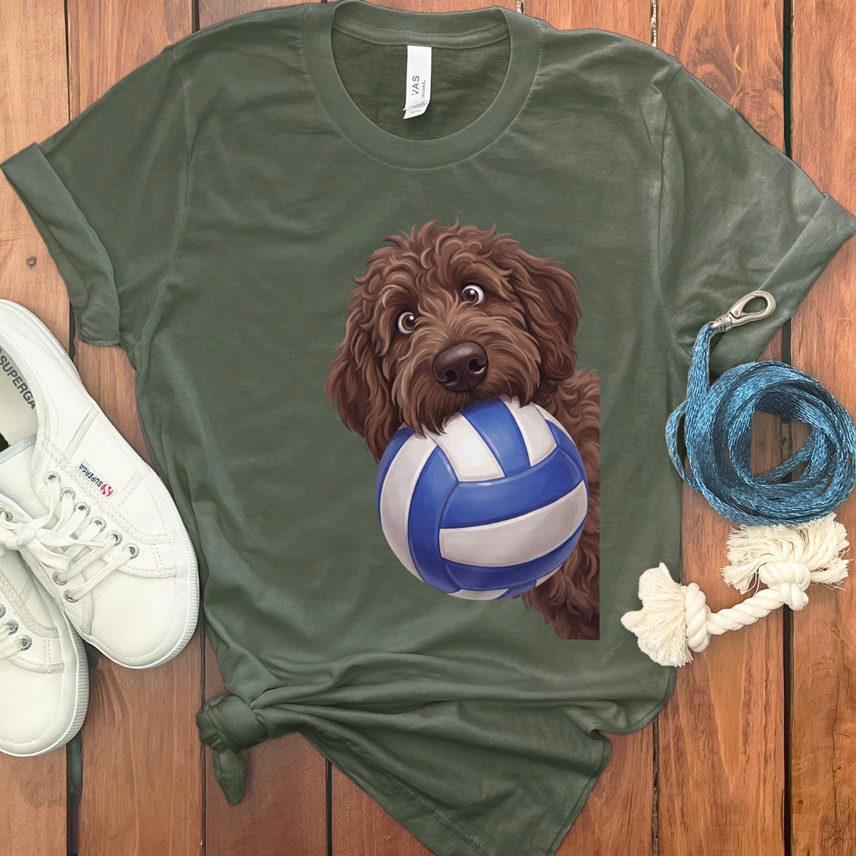 Chocolate Goldendoodle Volleyball T-Shirt in Military Green / S by Puppy Jo