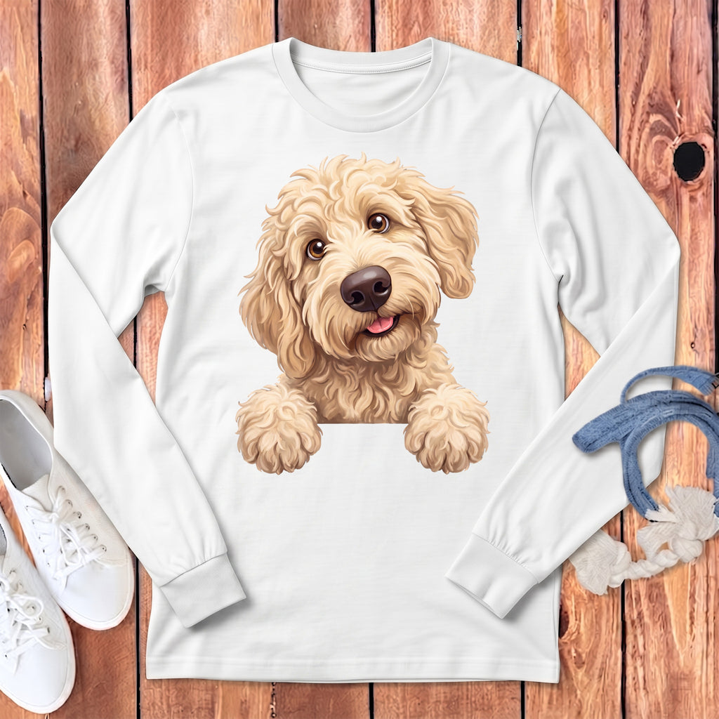 White long-sleeve shirt with a cartoon goldendoodle dog graphic.