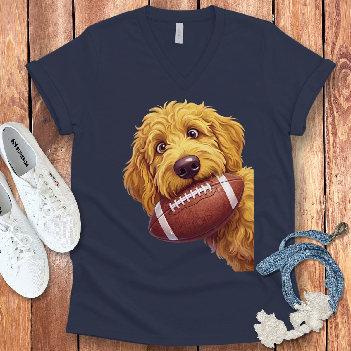 Golden Goldendoodle Football V-Neck T-Shirt in Navy / S by Puppy Jo