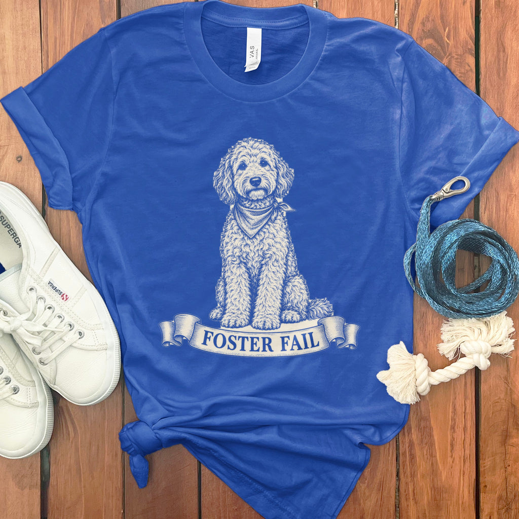 Blue t-shirt with a doodle dog graphic and "Foster Fail" text.