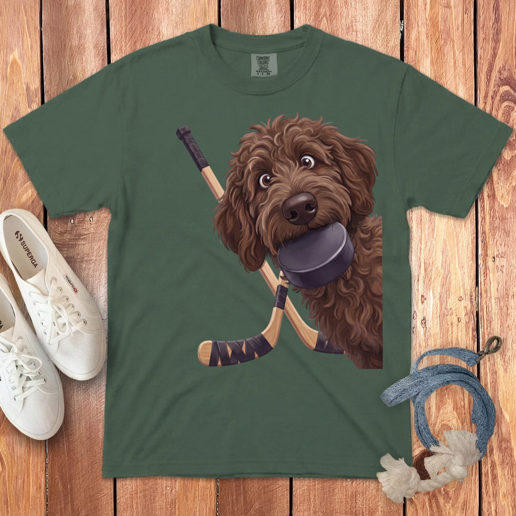 Chocolate Goldendoodle Hockey Signature T-Shirt in Blue Spruce / S by Puppy Jo
