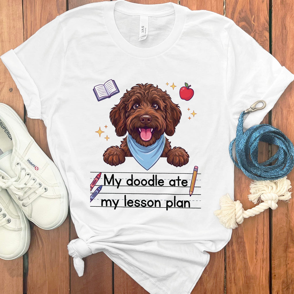 Chocolate Goldendoodle Ate Lesson T-Shirt in White / S by Puppy Jo