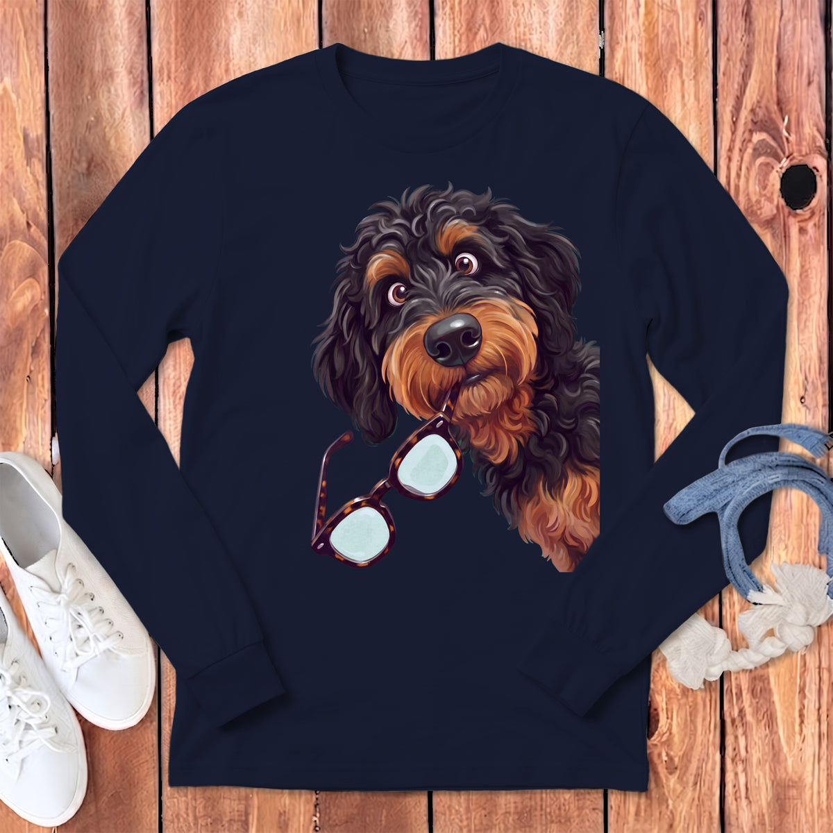 Dark blue long-sleeved shirt with a graphic illustration of a curly-haired dog holding glasses in its mouth.
