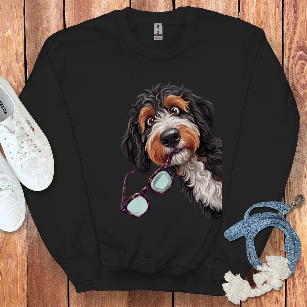 Black crewneck sweatshirt featuring a graphic of a Bernedoodle dog holding tortoiseshell glasses in its mouth.