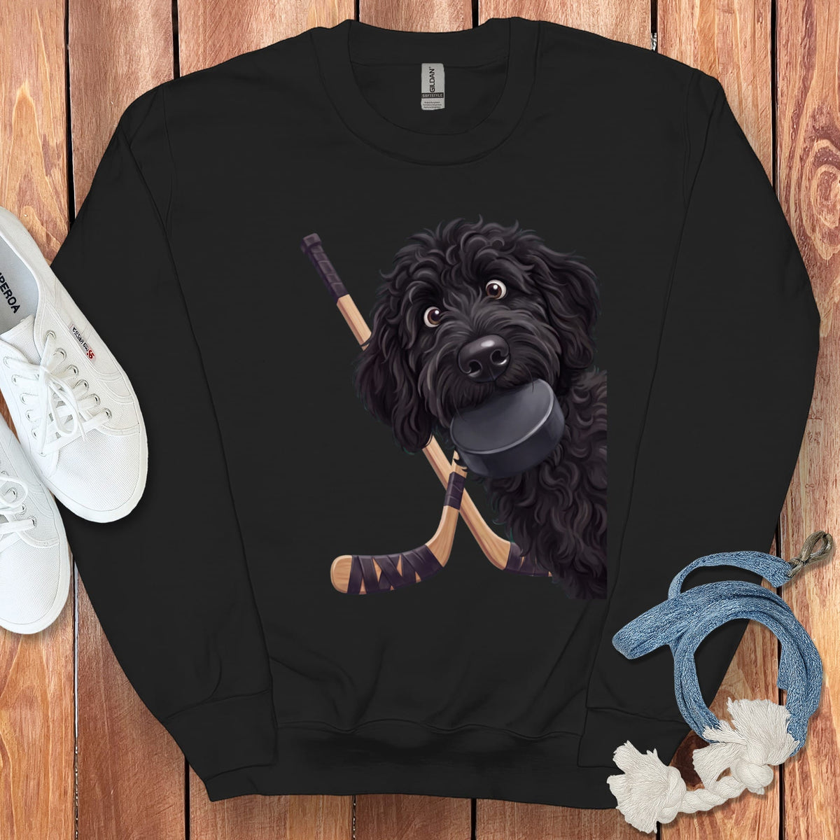 Black Goldendoodle Hockey Sweatshirt in Black / S by Puppy Jo
