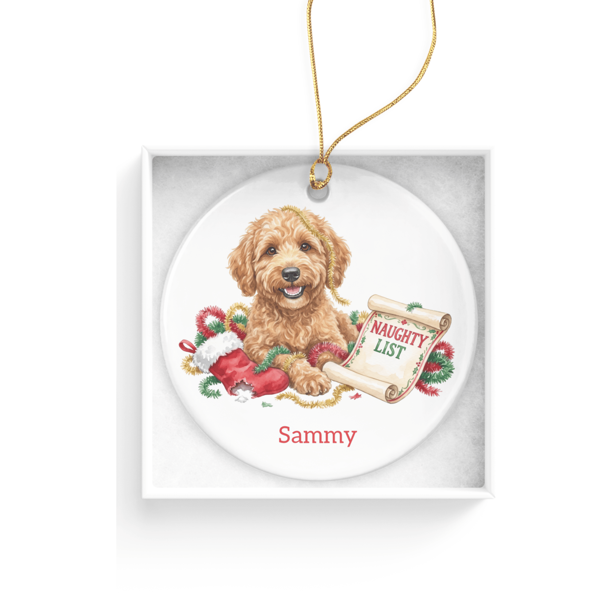 Naughty List Golden Goldendoodle Ornament in by AnywherePOD