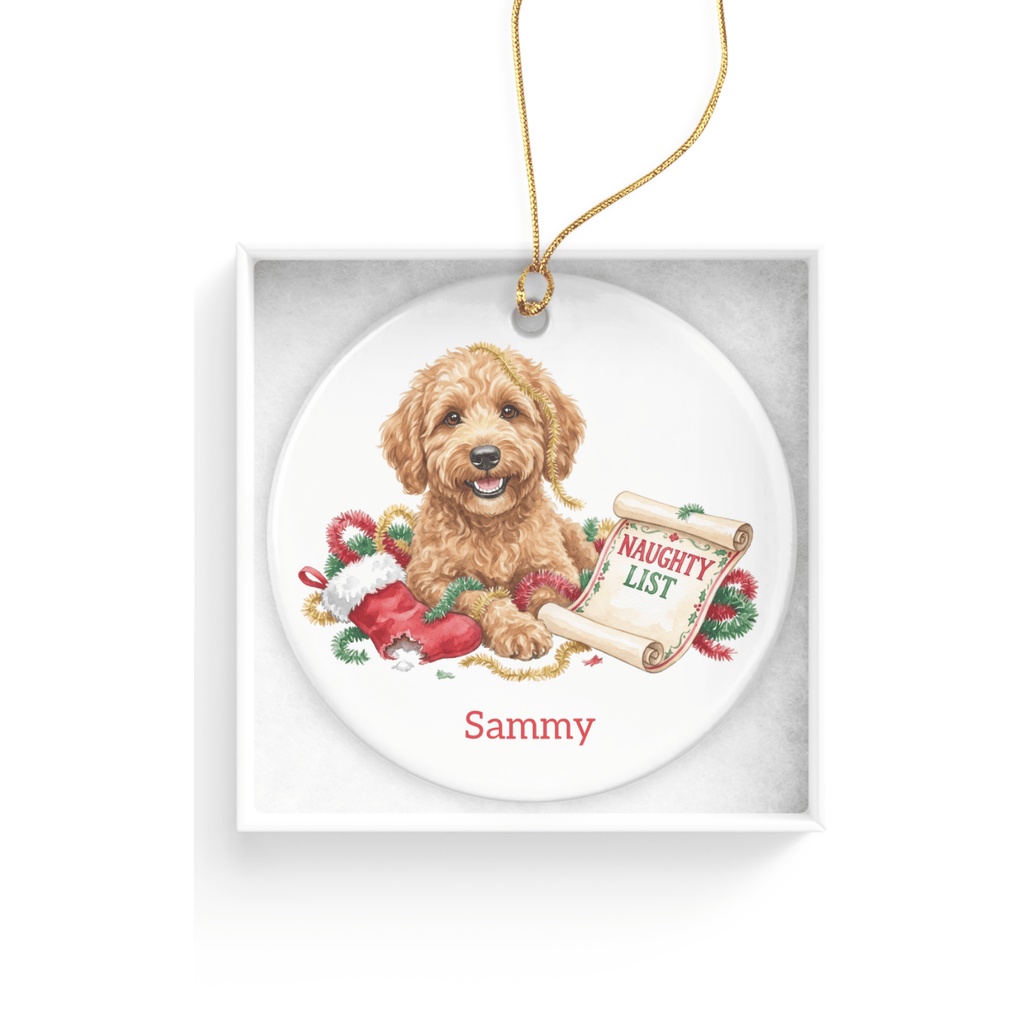 Naughty List Golden Goldendoodle Ornament in by AnywherePOD