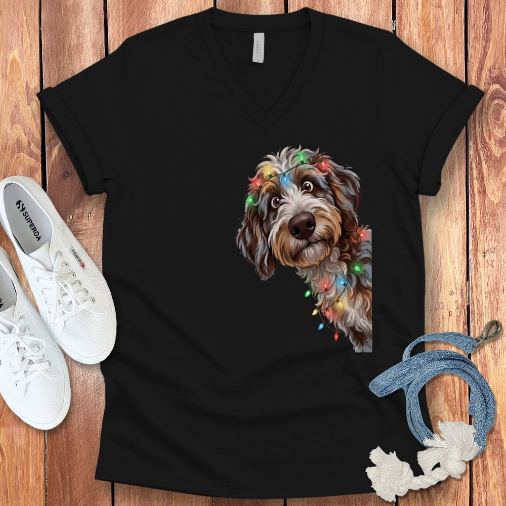 Peeking Aussiedoodle Holiday V-Neck T-Shirt in Black / S by Puppy Jo