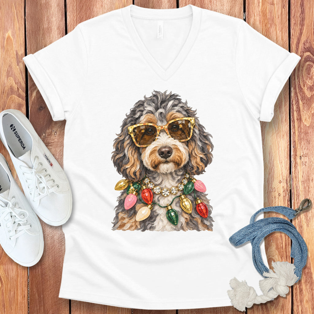 White v-neck t-shirt with watercolor illustration of a dog wearing sunglasses and a Christmas light necklace.