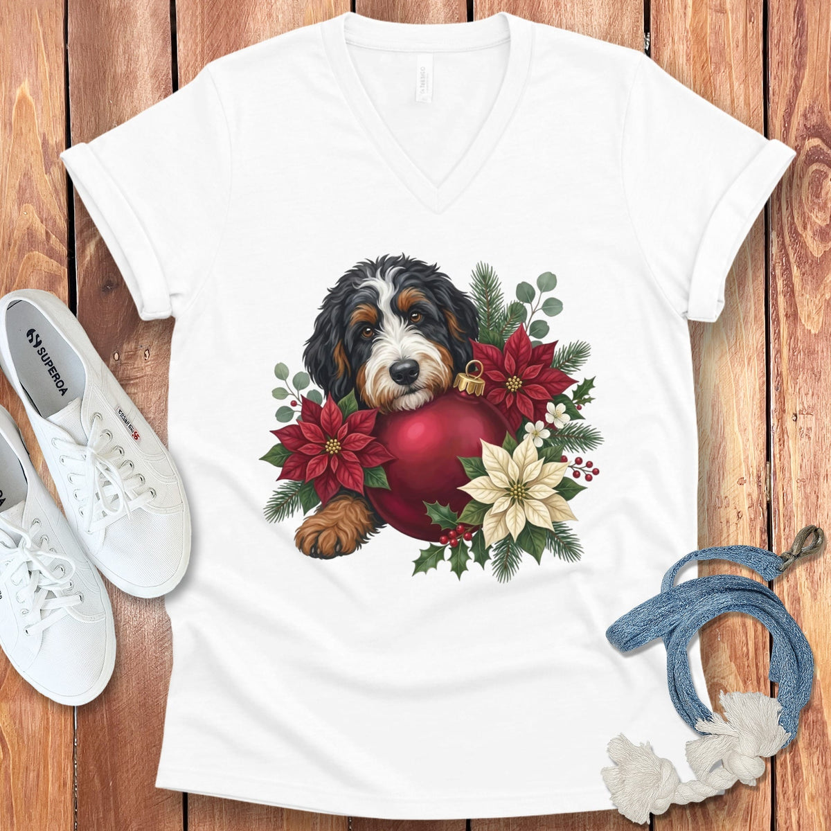 Bernedoodle Holiday Cheer V-Neck T-Shirt in White / S by Puppy Jo