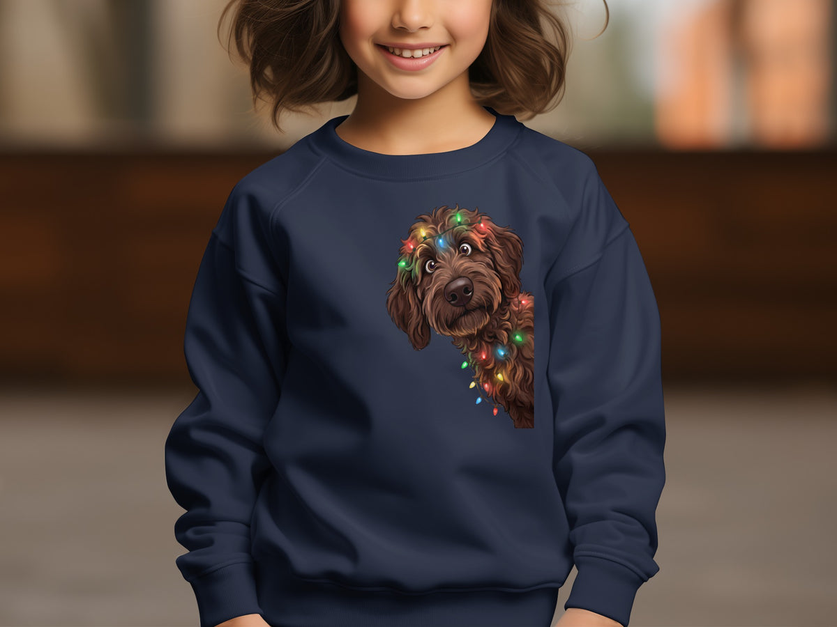 Navy sweatshirt with a brown dog wearing colorful Christmas lights illustration.