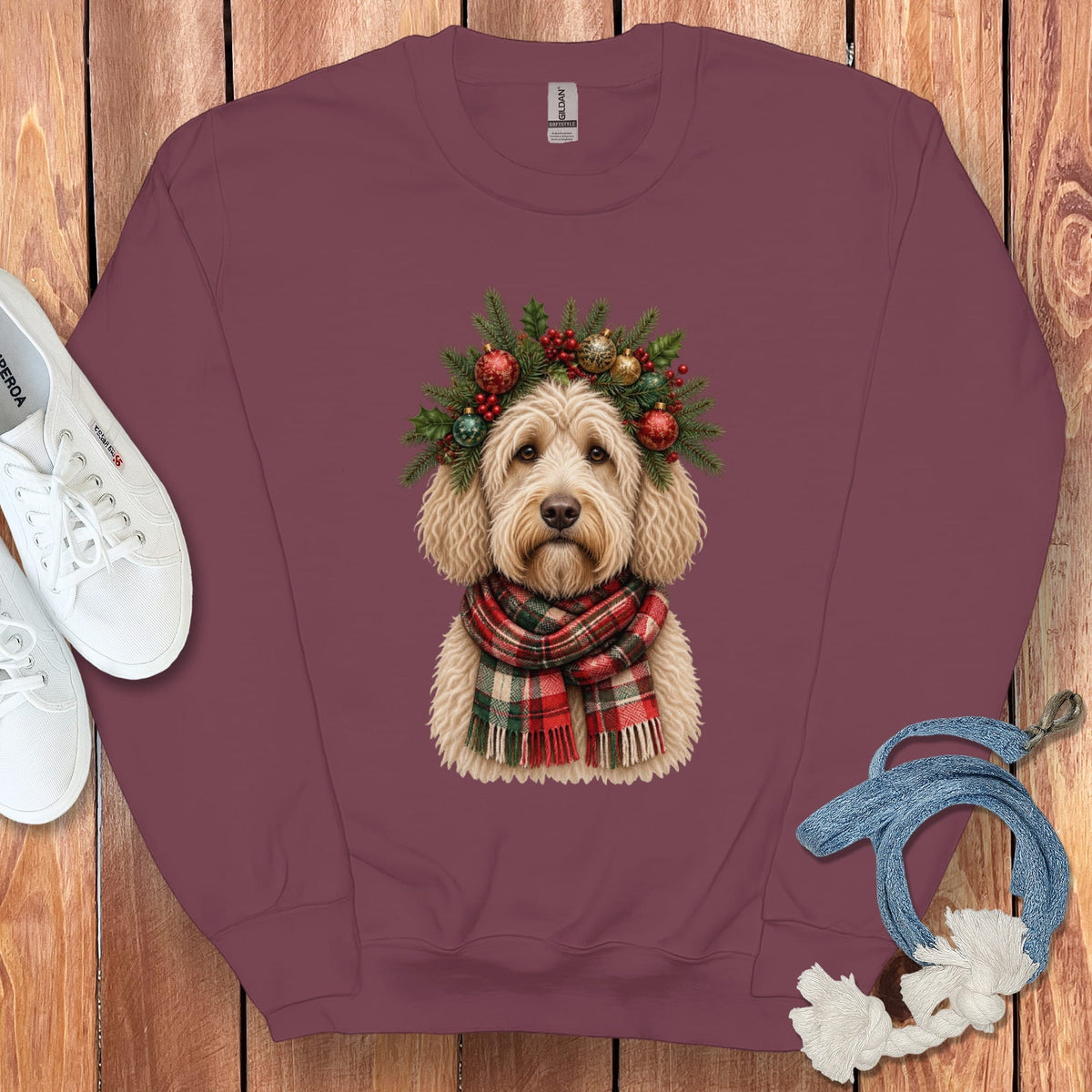 Cream Goldendoodle Holiday Crown Sweatshirt in Maroon / S by Puppy Jo