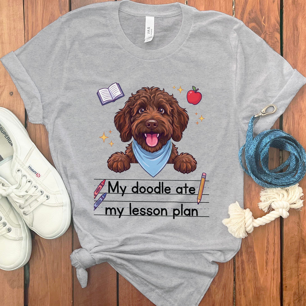 Chocolate Goldendoodle Ate Lesson T-Shirt in Athletic Heather / S by Puppy Jo