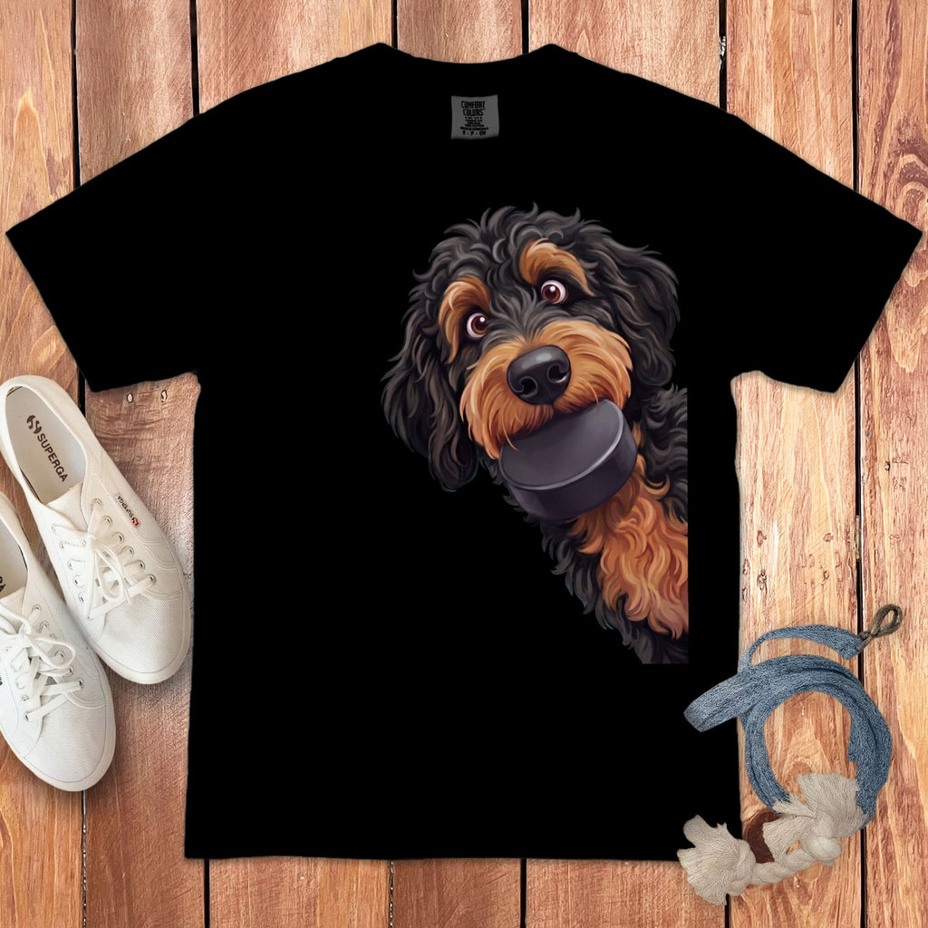 Phantom Goldendoodle Hockey Puck Signature T-Shirt in Black / S by Puppy Jo