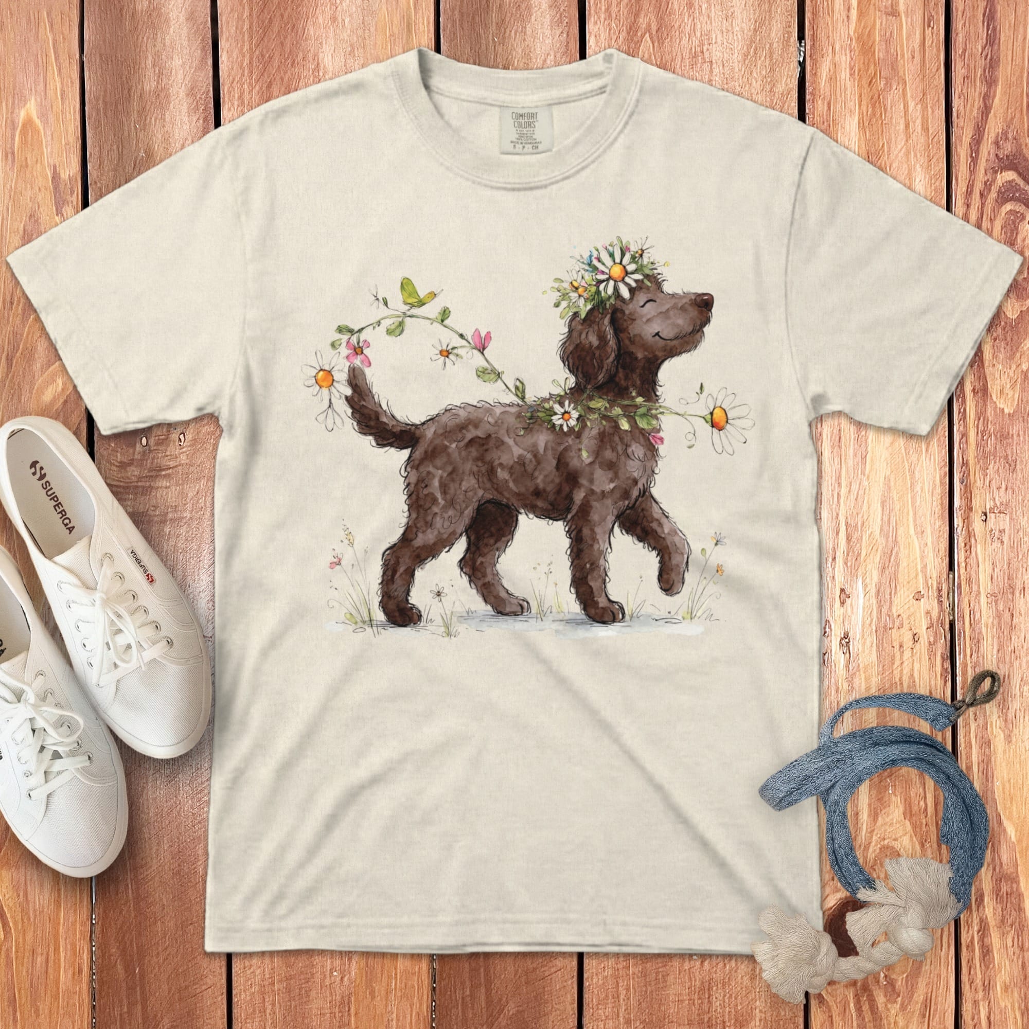 Brown dog with flowers in fur on a cream t-shirt.