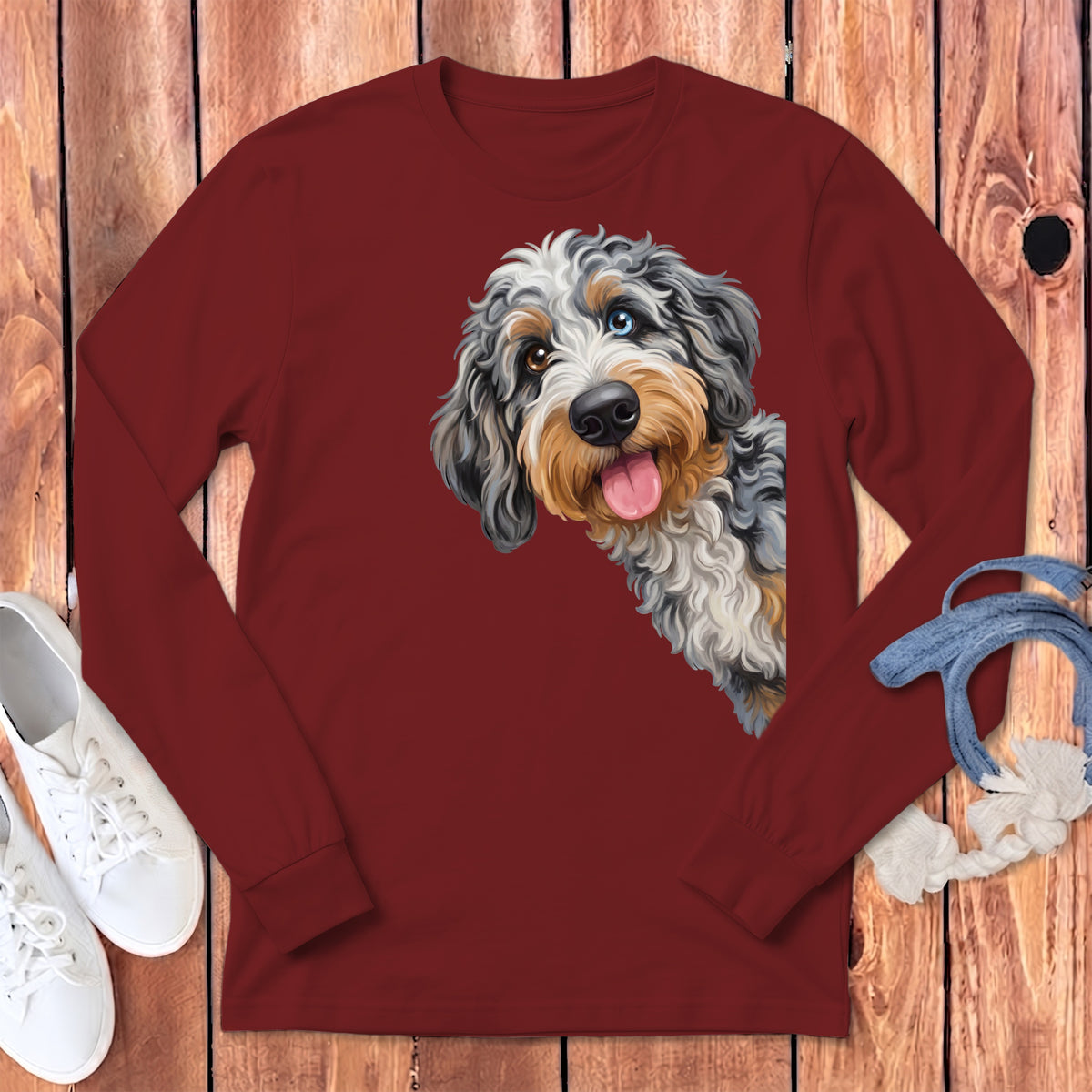 Long-sleeve shirt with a doodle dog portrait and heterochromia.