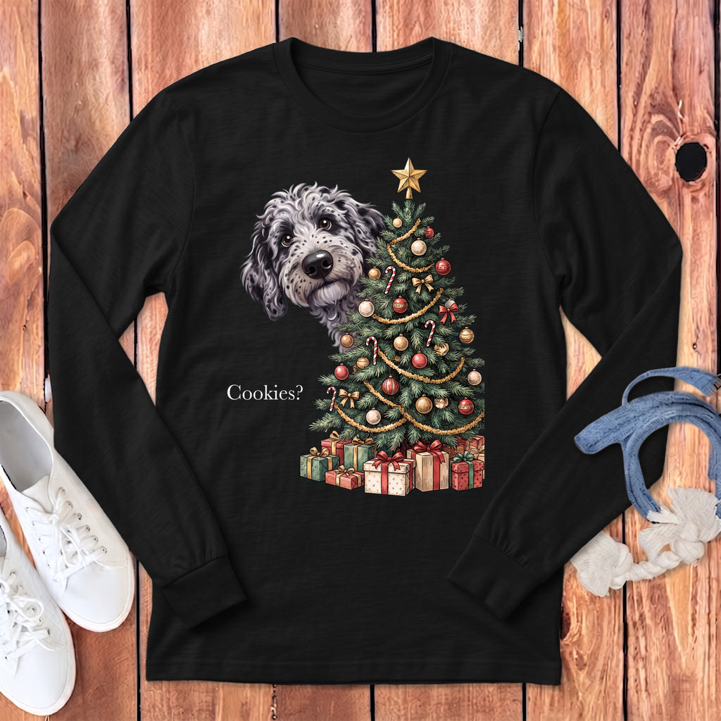 Black long sleeve shirt with dog by Christmas tree and text "Cookies?".