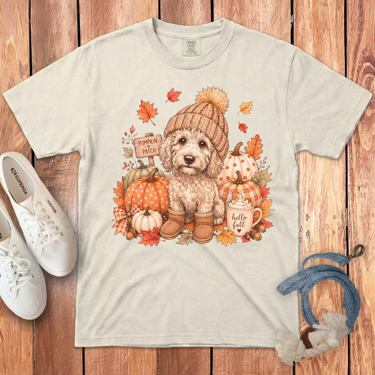 Cream Goldendoodle Pumpkin Patch Signature T-Shirt in Ivory / S by Puppy Jo