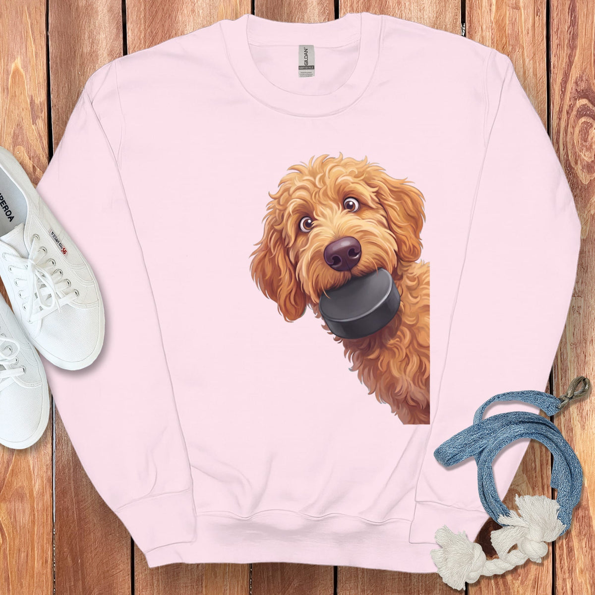 Apricot Goldendoodle Hockey Puck Sweatshirt in Light Pink / S by Puppy Jo