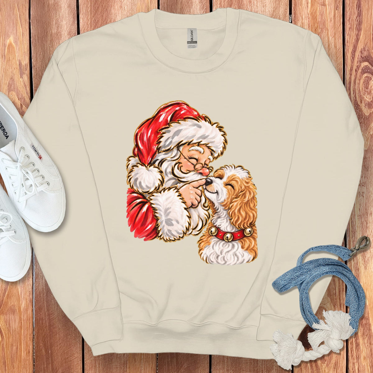 Parti Goldendoodle Santa Kiss Sweatshirt in Sand / S by Puppy Jo
