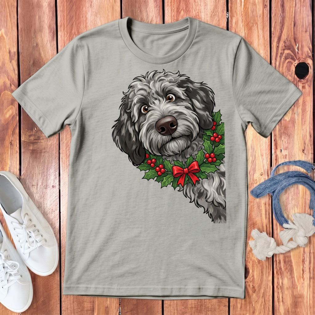 Gray t-shirt with doodle dog wearing a Christmas holly wreath and red bow.