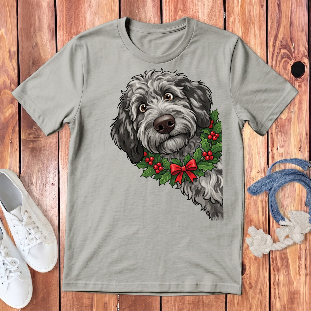 Gray t-shirt with doodle dog wearing a Christmas holly wreath and red bow.
