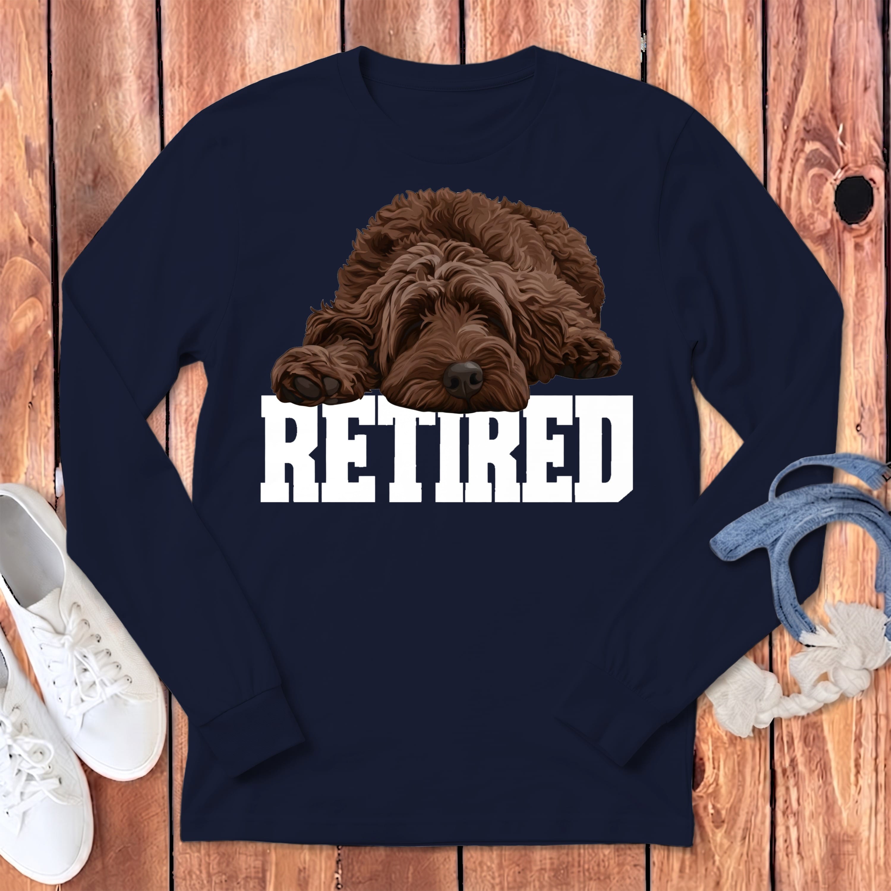 Retired Sleeping Chocolate Goldendoodle Long Sleeve T-Shirt in Navy / S by Puppy Jo