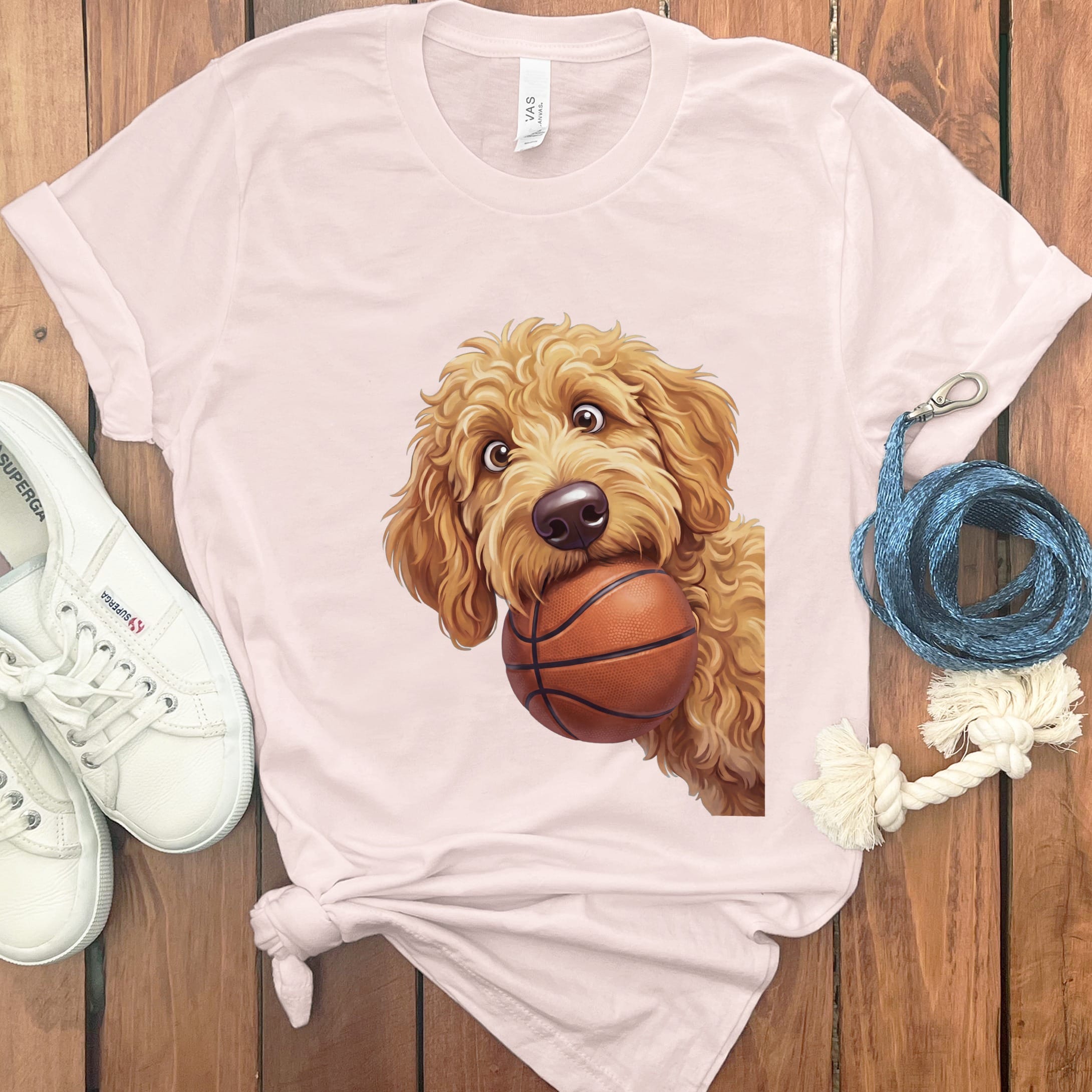 Golden Goldendoodle Basketball T-Shirt in Soft Pink / S by Puppy Jo