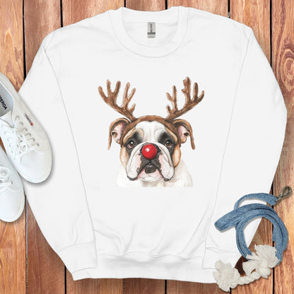 Bulldog With Antlers and Red Nose Long Sleeve Shirt